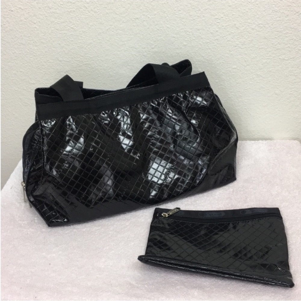 LeSportsac Black Nylon Patent Quilted Monogram Satchel With Pouch